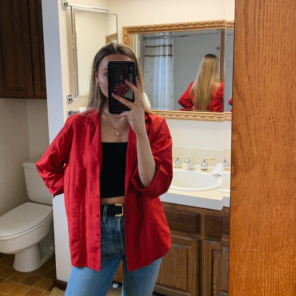 SHINY RED BUTTON UP TOP